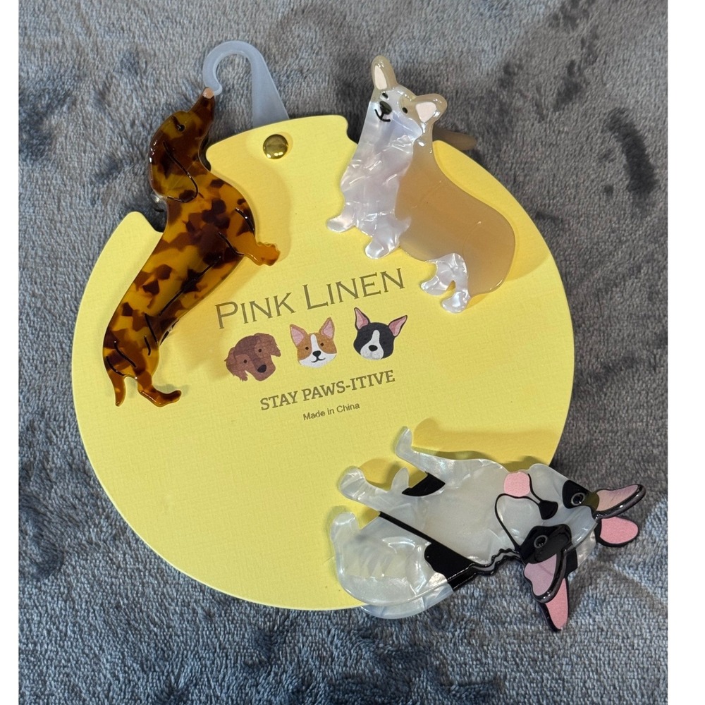 Pink Linen Stay Paws-itive Dog Hair Clip Set Corgi Frenchie Dachshund 3pc NEW